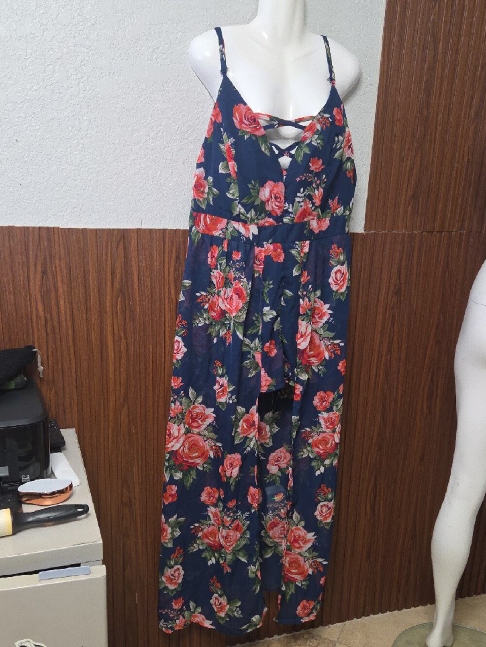 Navy Floral Maxi Jumpsuit with Rose Print 2xlarge [0009]